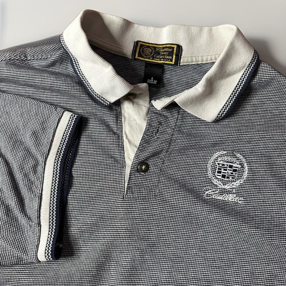 Vintage Cadillac Polo Shirt Mens L Gray Striped Tour Collection Crest Logo USA